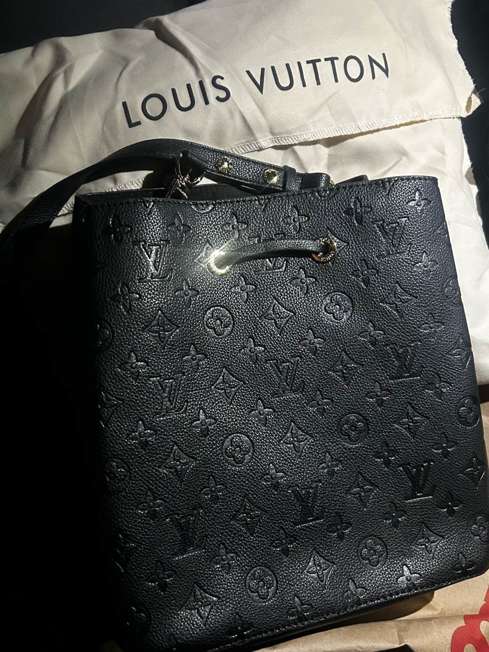 Louis Vuitton Black Monogram Empreinte Bucket Tote with Gold Hardware